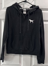 Victoria's Secret Full Zip Up Hoodie Size M Black Small Dog Logo Arm Spellout