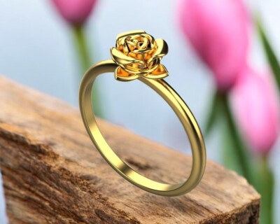 14K Solid Gold 3D Rose Band, Rose Ring for Her, Gold Rose Ring, Dainty Rose Band