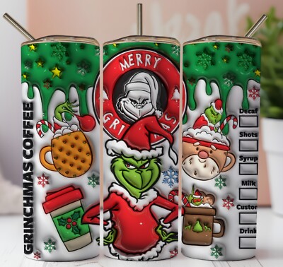 CHRISTMAS THE GRINCH 3D EFFECT 20oz Skinny Insulated Tumbler Lid Straw