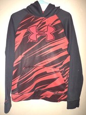 Boys Under Armour Black/Red Striped Logo Loose Storm1 Hoodie Size:YXL