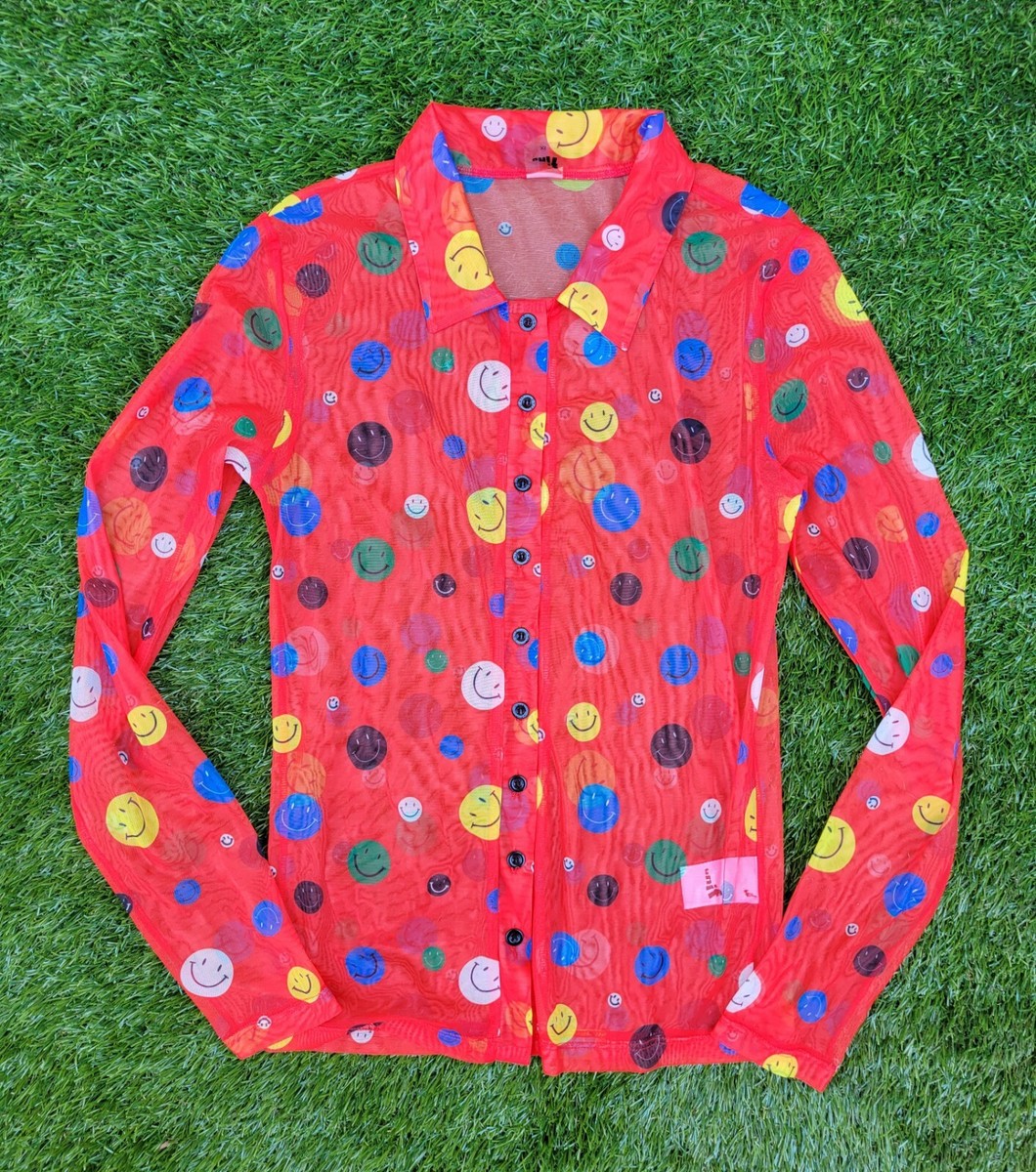 UNIF sheer mesh smiley face button up shirt red XS | eBay