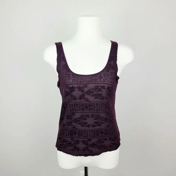 Topshop Petite Womens Deep Red Purple Lace Print Semi Sheer Tank Top Size 6 - Image 2 of 4