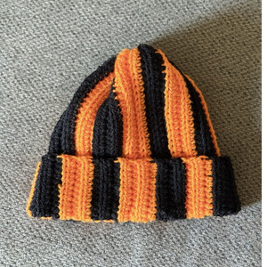 Handmade Orange Black Striped Knit Acrylic Winter Beanie Hat Crochet Accent