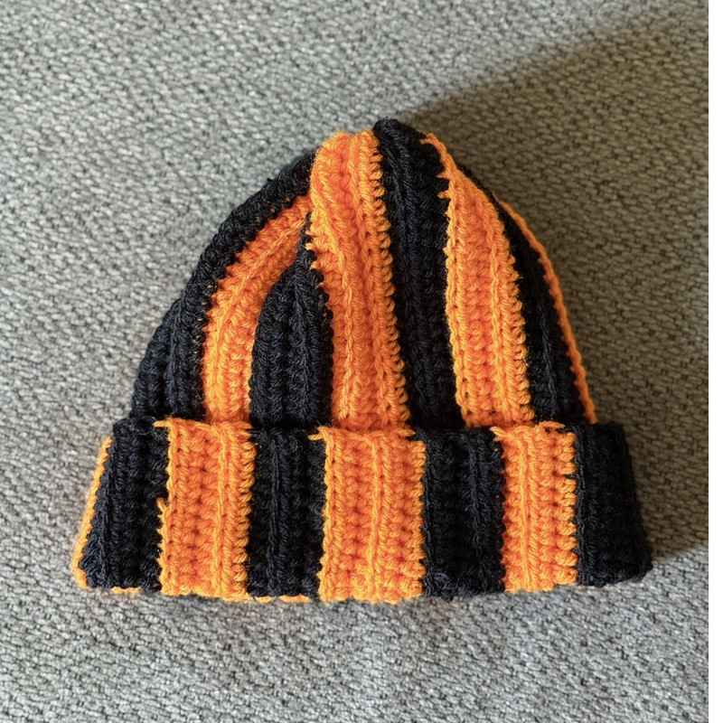Handmade Orange Black Striped Knit Acrylic Winter Beanie Hat Crochet Accent