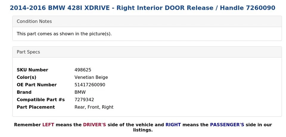 2014-2016 BMW 428I XDRIVE - Right Interior DOOR Release / Handle 7260090 - Image 3 of 3