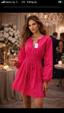 J. Crew Vibrant Pink Long Sleeve Drawstring Waist Dress