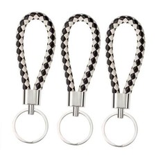 Braided Leather Key Fob Car Keychain Ring Woven Strap Keychain 3 Black White