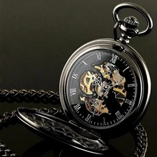 Pocket Watch Mens Mechanical Black Steampunk Skeleton Retro Chain Luxury Classic