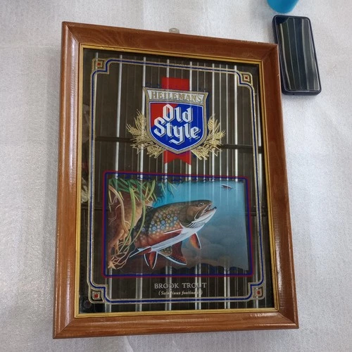Vintage 1992 Heileman's Old Style Beer Brook Trout Fish Bar Mirror Sign NEW 0463