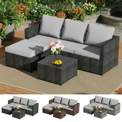BIRCHTREE Rattan Garden Furniture Set Corner Sofa Glass Table Patio 5 Pieces 01 - Image 1 of 4
