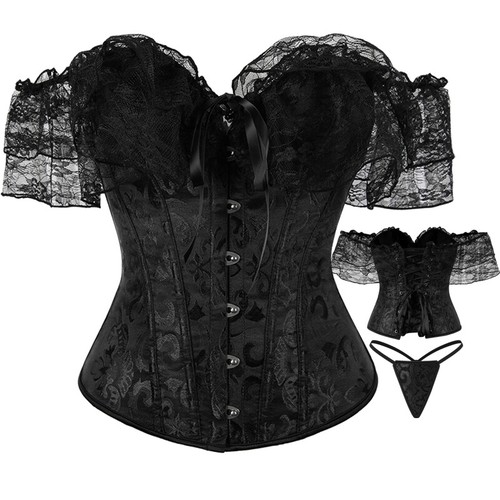 Women Corset Lace Sleeve Lace Up Sexy Bustier Lingerie Waist Trainer Costume Top - Picture 14 of 17