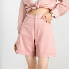 Donne Pantaloncini Denim A Vita Alta Dritti Casual In Cotone Misto Rosa Viola
