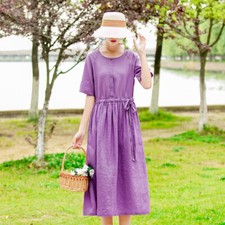 Fashion Womens Cotton Linen Short Sleeve Dress Maxi Dress Loose Size New Cotton