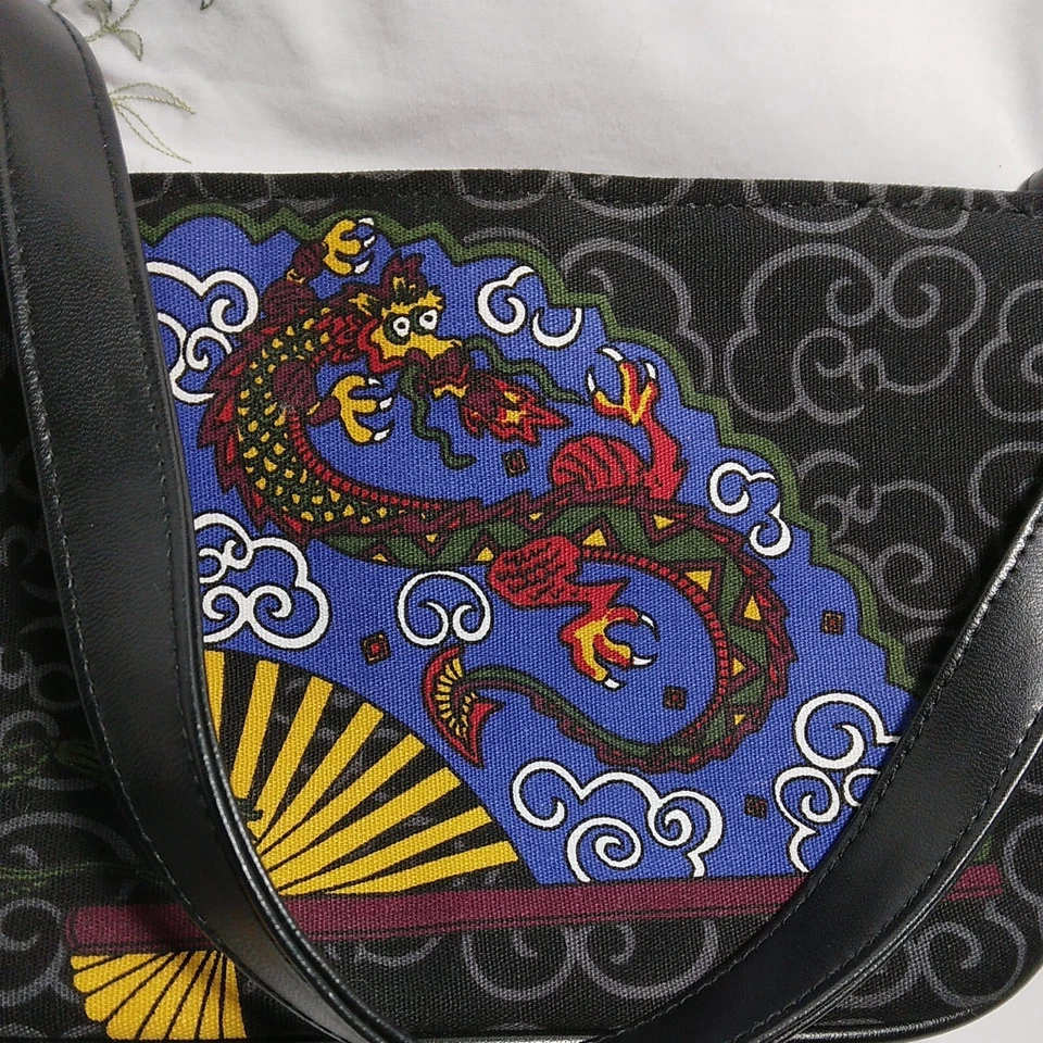 Black Handbag Purse With Beaded Dragon Print - Image 3 of 4