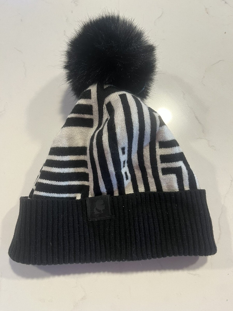 Karl Lagerfeld Paris Women\'s Pom Pom Faux Fur Trim Beanie Hat OSFA Black/White Karl Lagerfeld Paris Women main image 3