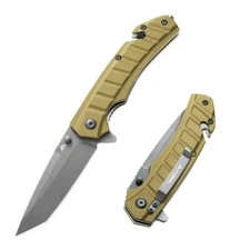 FLISSA Folding Pocket Knife Tactical Knife w/Liner Lock Tanto Blade Coyote Brown