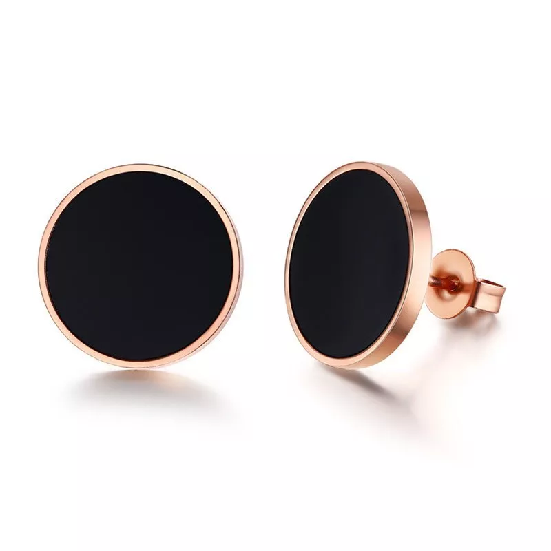 8 10 13MM Black Circle Enamel Ear Studs Women Stainless Steel Rose Gold Earrings