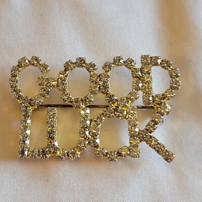 Vintage Spellout GOOD LUCK Clear Rhinestone Silver Tone Pin Brooch