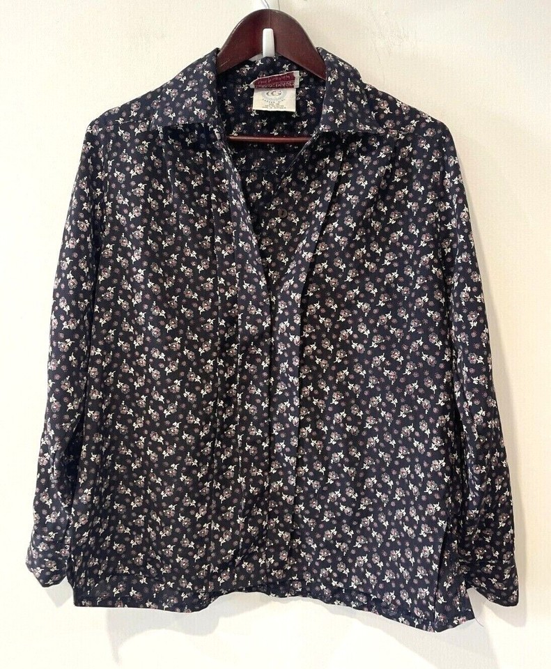 Career Girl Blouse Womens Size 10 Black White Floral Button Up Shirt Long Sleeve