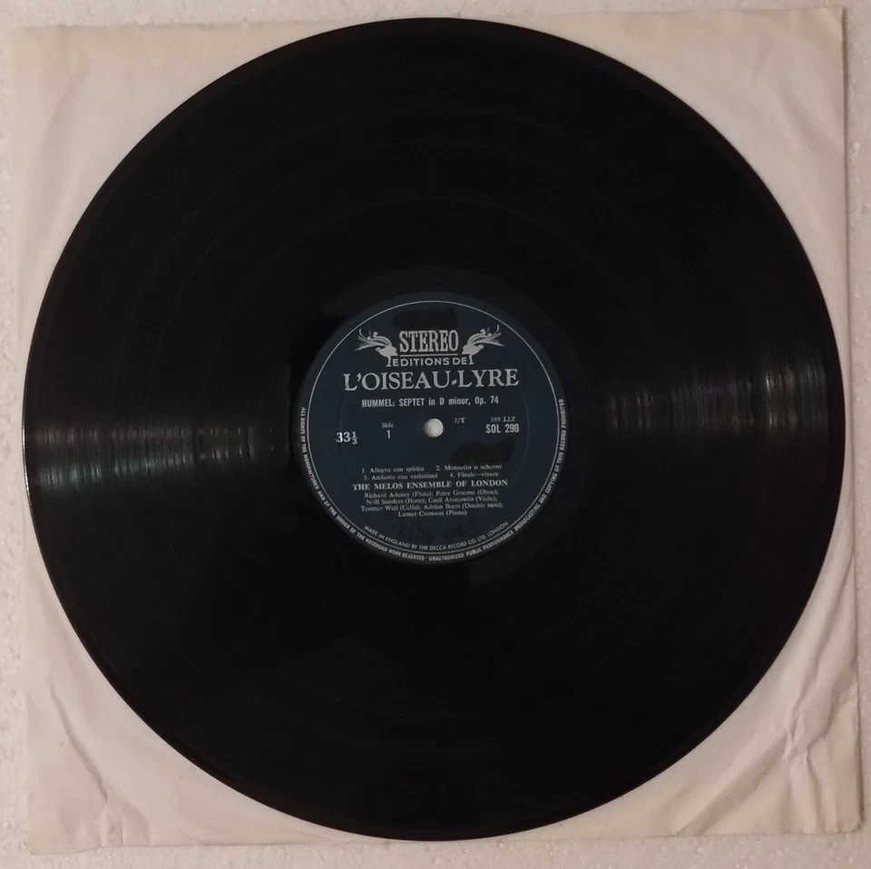 HUMMEL SEPTET IN D MINOR UK LOISAU-LYRE SOL 290 MELOS ENSEMBLE 1966 VINYL LP VG+ - Image 3 of 4
