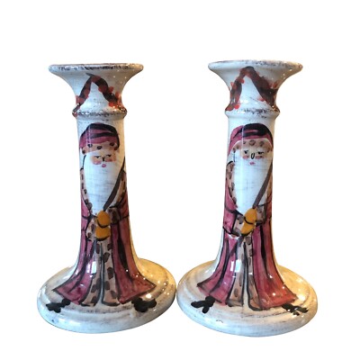 Zrike Hand Painted Italy Santa Christmas Holiday Candlestick Yuletide 8  Pair