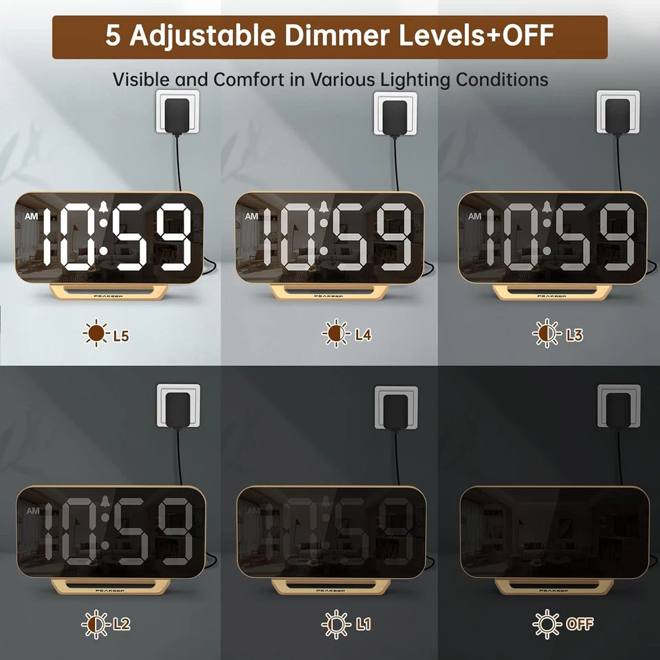 Reloj despertador estético espejo digital delgado para decoración de escritorio de dormitorios enchufe dorado Foto 4 de 4