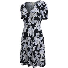 Tommy Hilfiger Navy Blue White Paisley Floral Faux Wrap Dress Puff Sleeve 12