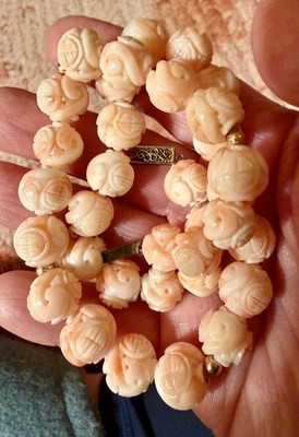 Vtg Angel Skin Coral Carved Shou Bead Necklace Chinese Export Sterling Clasp