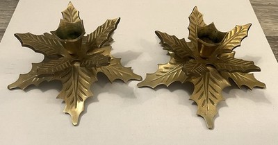 Vintage Pair Poinsettia Candle Holders Solid Brass India Nice!