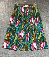 Vintage Leslie Fay Skirt Womens Medium Multicolor Tropical Pockets Pleated Midi