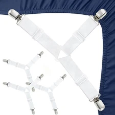 4 Pack Elastic Bedsheet Holders Straps Adjustable Metal Clips Wrinkle Free White