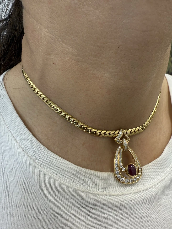 CARTIER PARIS 18k Yellow Gold, Diamond & Cabochon Ruby Necklace 1980s Vintage - Image 2 of 4