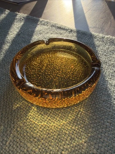 Blenko MCM Ashtray Amber Glass Vintage Bubble Glass  Cigarette Cigar