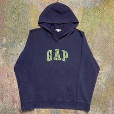 Vintage Women  s Y2K Gap Hoodie Stretch Sweatshirt Arch Logo Navy Faded Large