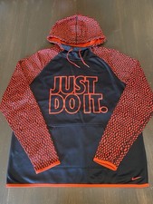 Nike Therma Fit Youth Boy L Pullover Hoodie Just Do It Logo Red Black Thumb Hole