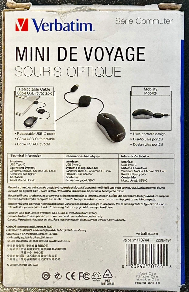 Verbatim USB-C Mini Travel Wired Mouse – Compact, Retractable Cable, Black - Image 2 of 3