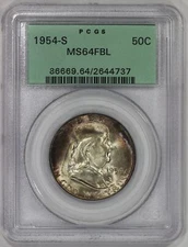 1954-S 50c Silver Franklin Half Dollar PCGS MS64FBL Old Green Holder Toned