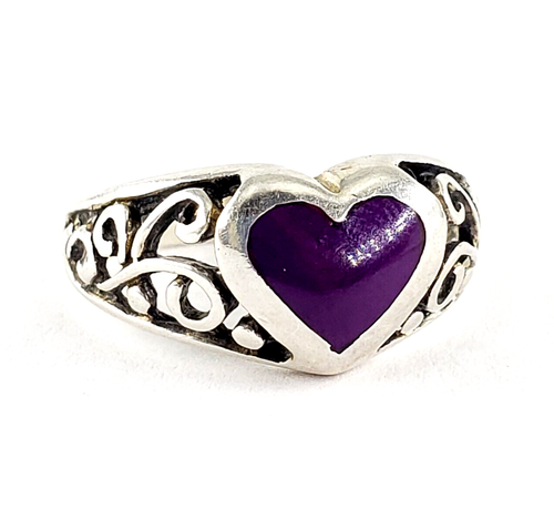 Vintage Sterling Silver Purple Inlay Heart Ring Size 4.75 Womens Artisan Love - Picture 2 of 8