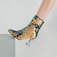 Fashion Women Boots Sequined Pointed Toe Round Crystal Heels Boots Shoes Woman
