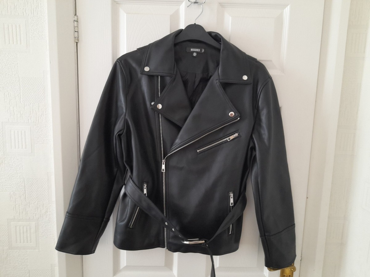 Missguided Black Faux Leather Women Bikers Jacket With Belt Size