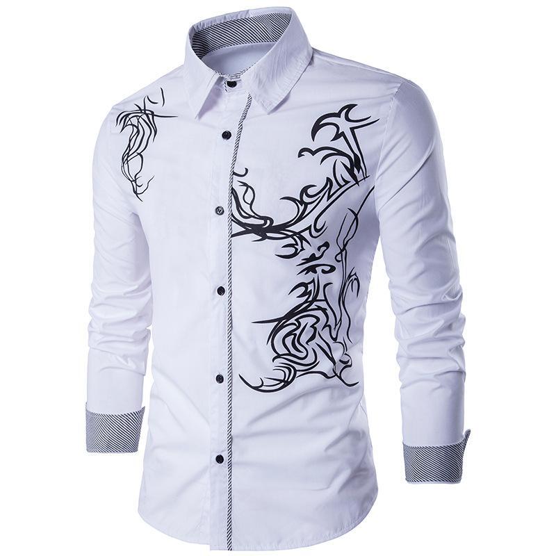 dragon print dress shirt Men's Dress Shirts Dragon Print Tops Laple Long Sleeve Slim Fit Fashion  Casual