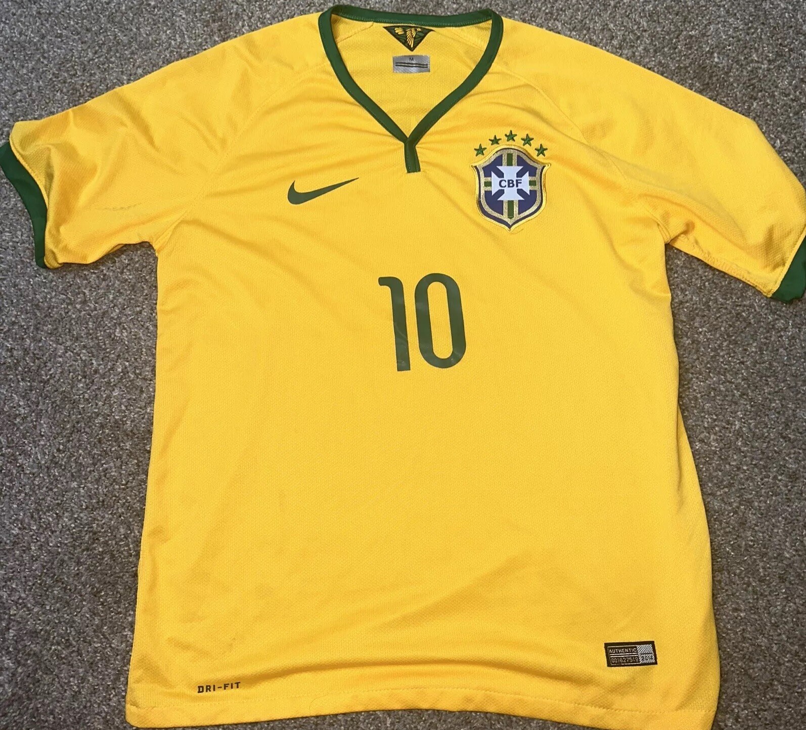 Nike Brazil Soccer Futbol CBF 2014 Jersey Men M Yellow Dri-Fit Neymar Jr #10