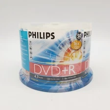 Philips 50 Discs Blank DVD+R Spindle 4.7GB Data 120min Video 16X Speed Music NEW
