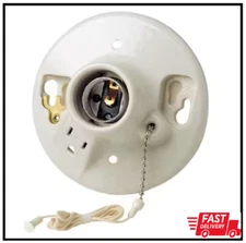 Glazed Porcelain Lamp Holder with Pull Chain and Outlet - Convenient Lighting