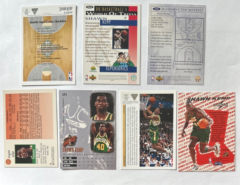 Shawn Kemp 15 card lot 1990 Hoops rookie, 1991 U.D. 173 PSA 8 NMMT
