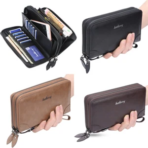 Mens Double Zipper Large Wallet Business Handbag with Removable Wristlet Strap