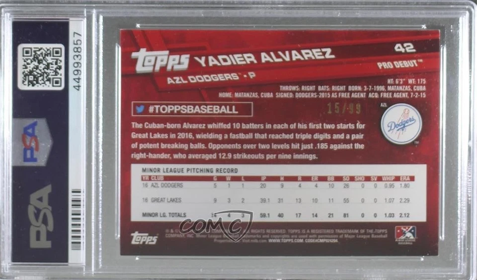2017 Topps Pro Debut Green /99 Yadier Alvarez #42 PSA 9 MINT - Image 2 of 2