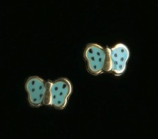 New 14K 7mm Solid Yellow Gold Blue Enamel Painted Butterfly Stud Earrings fj