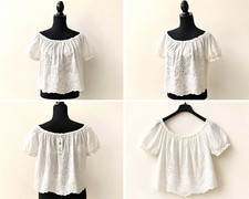 Women  s White Off-the-Shoulder Eyelet Peasant Blouse Short Flutter Sleeve Size M