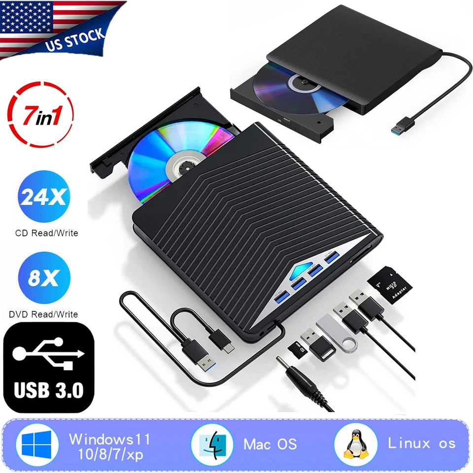External CD DVD Drive USB 3.0 Burner Reader Writer for Laptop PC Windows 11 10